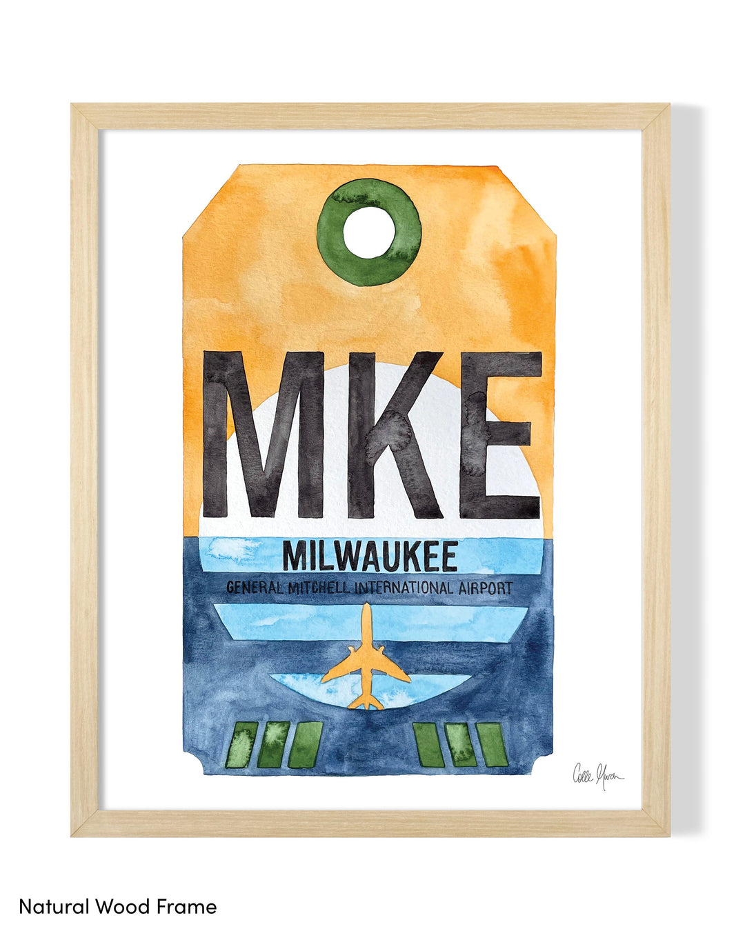 Framed Watercolor Print of General Mitchell International Airport (MKE) with a Natural Wood Frame