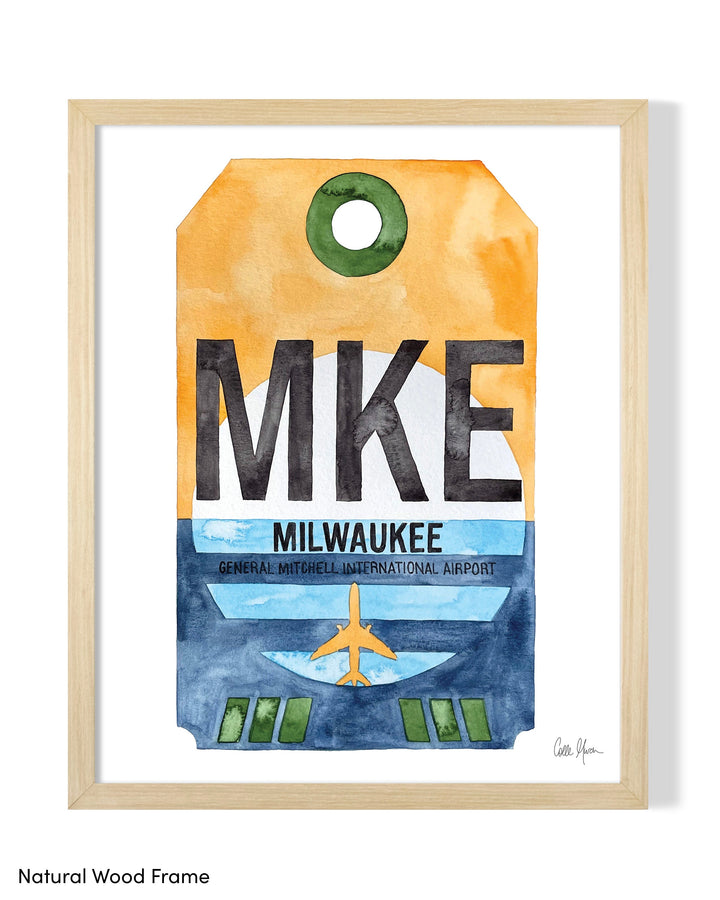 Framed Watercolor Print of General Mitchell International Airport (MKE) with a Natural Wood Frame