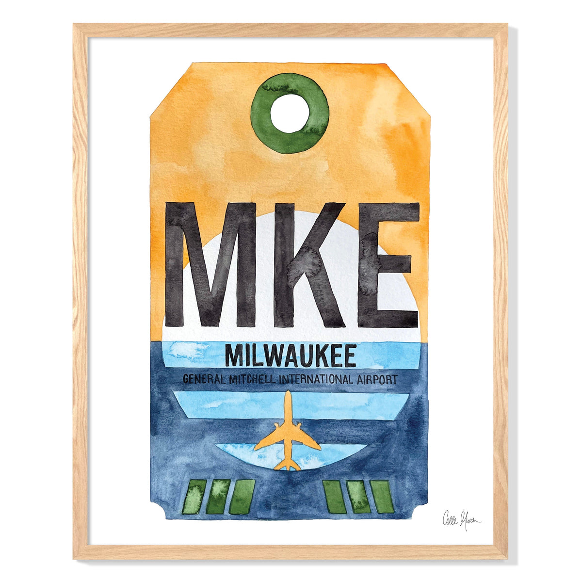 Framed Watercolor Print of General Mitchell International Airport (MKE) with an Oak Frame