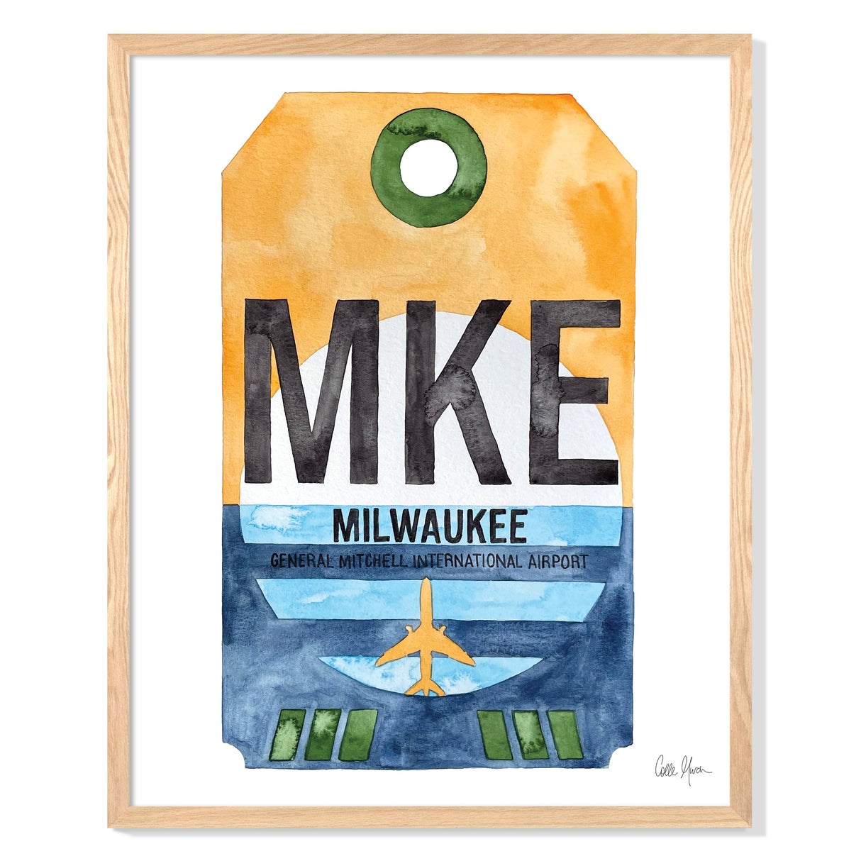 Framed Watercolor Print of General Mitchell International Airport (MKE) with an Oak Frame