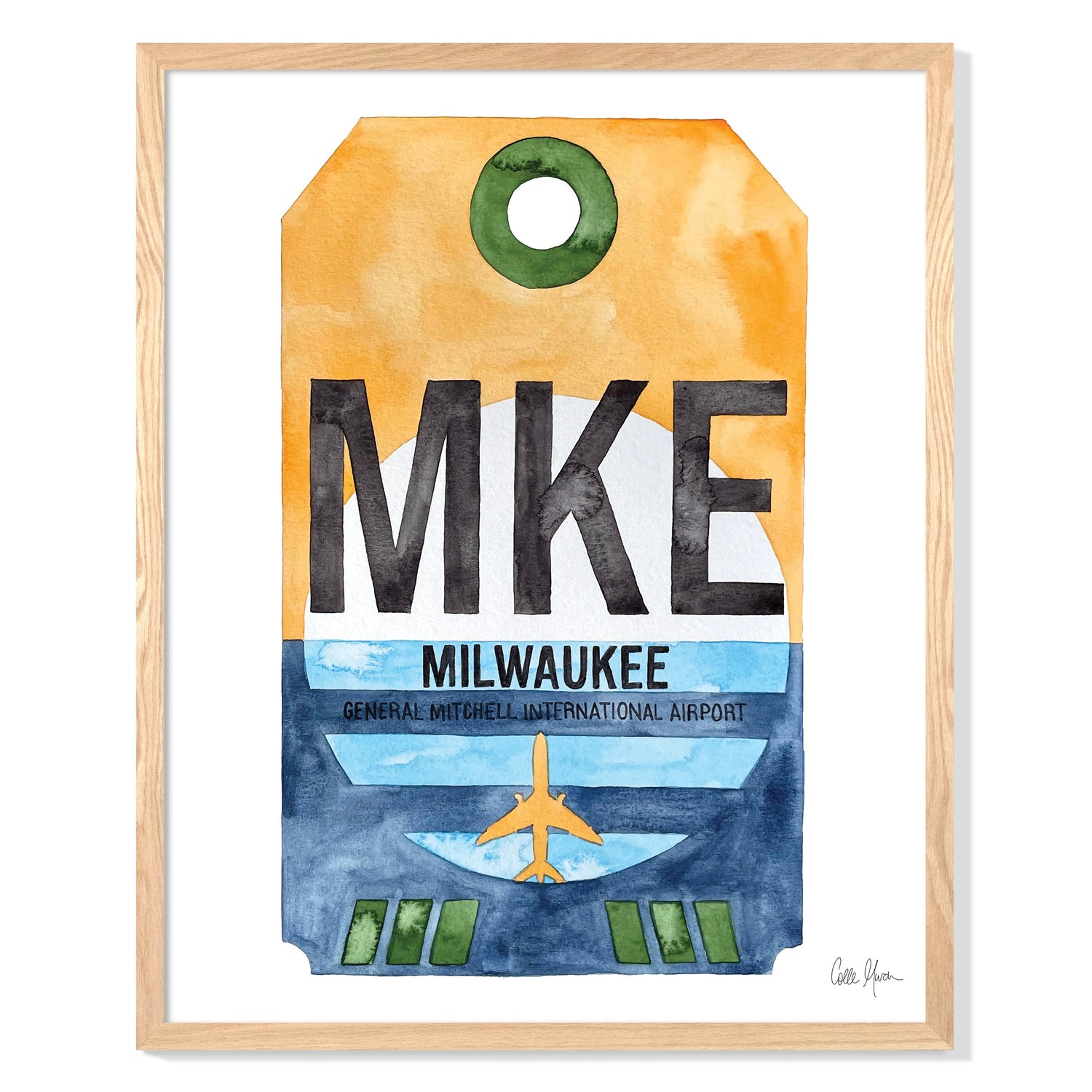 Framed Watercolor Print of General Mitchell International Airport (MKE) with an Oak Frame