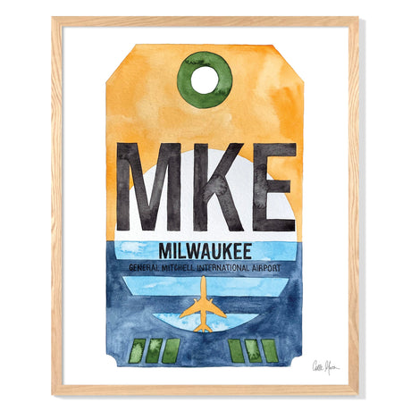 Framed Watercolor Print of General Mitchell International Airport (MKE) with an Oak Frame