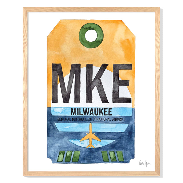 Framed Watercolor Print of General Mitchell International Airport (MKE) with an Oak Frame