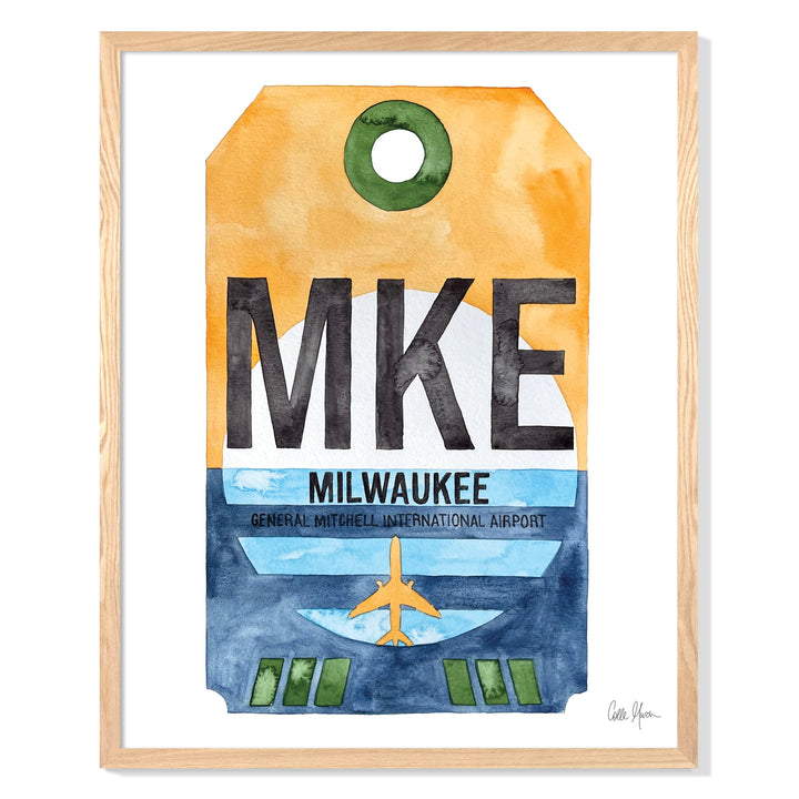 Framed Watercolor Print of General Mitchell International Airport (MKE) with an Oak Frame