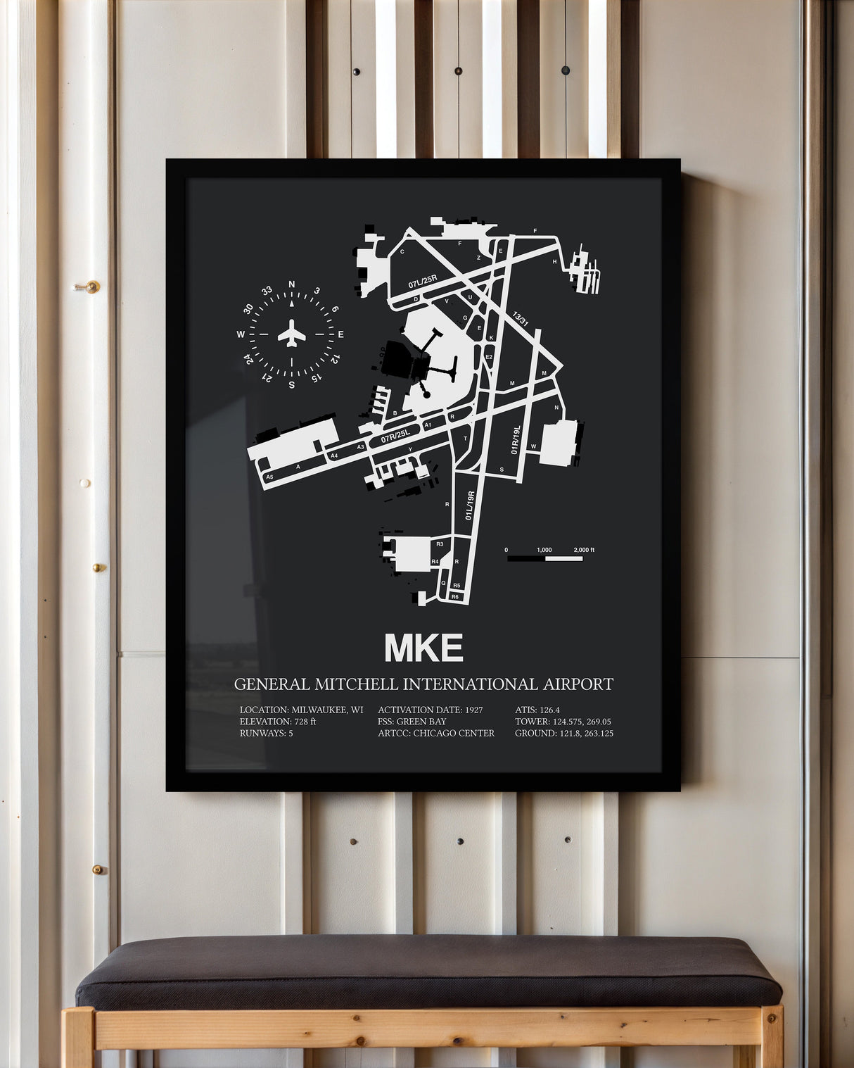Framed Detailed Airport Map of General Mitchell International Airport (MKE) in Gray with a Black Frame