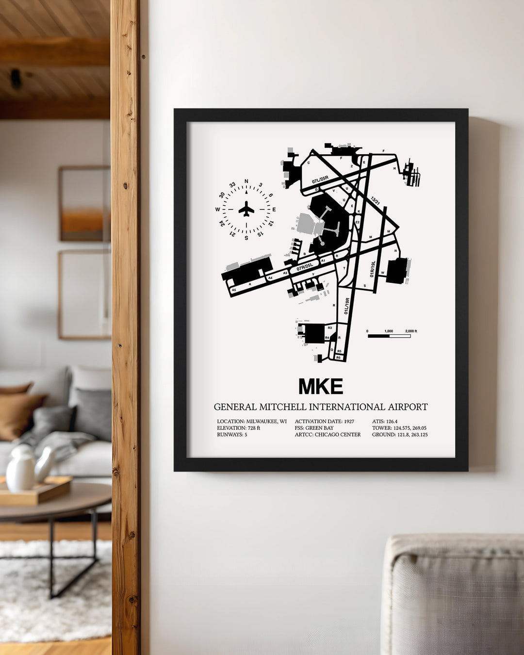 Framed Detailed Airport Map of General Mitchell International Airport (MKE) in White with a Black Frame