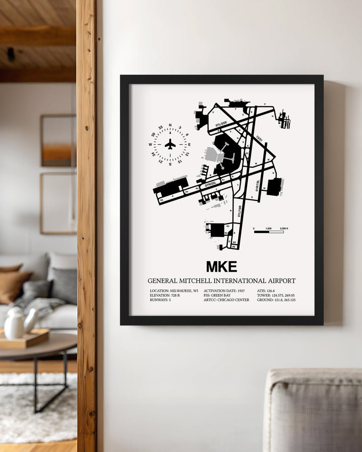 Framed Detailed Airport Map of General Mitchell International Airport (MKE) in White with a Black Frame