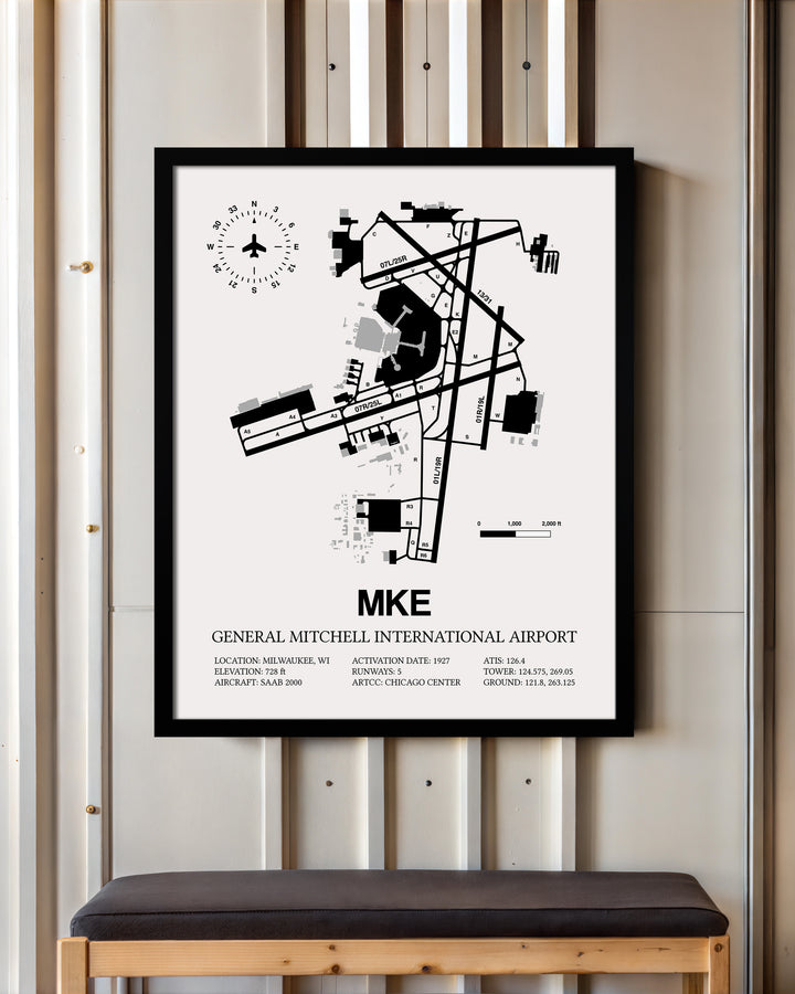 MKE Airport Map, General Mitchell International Airport Print
