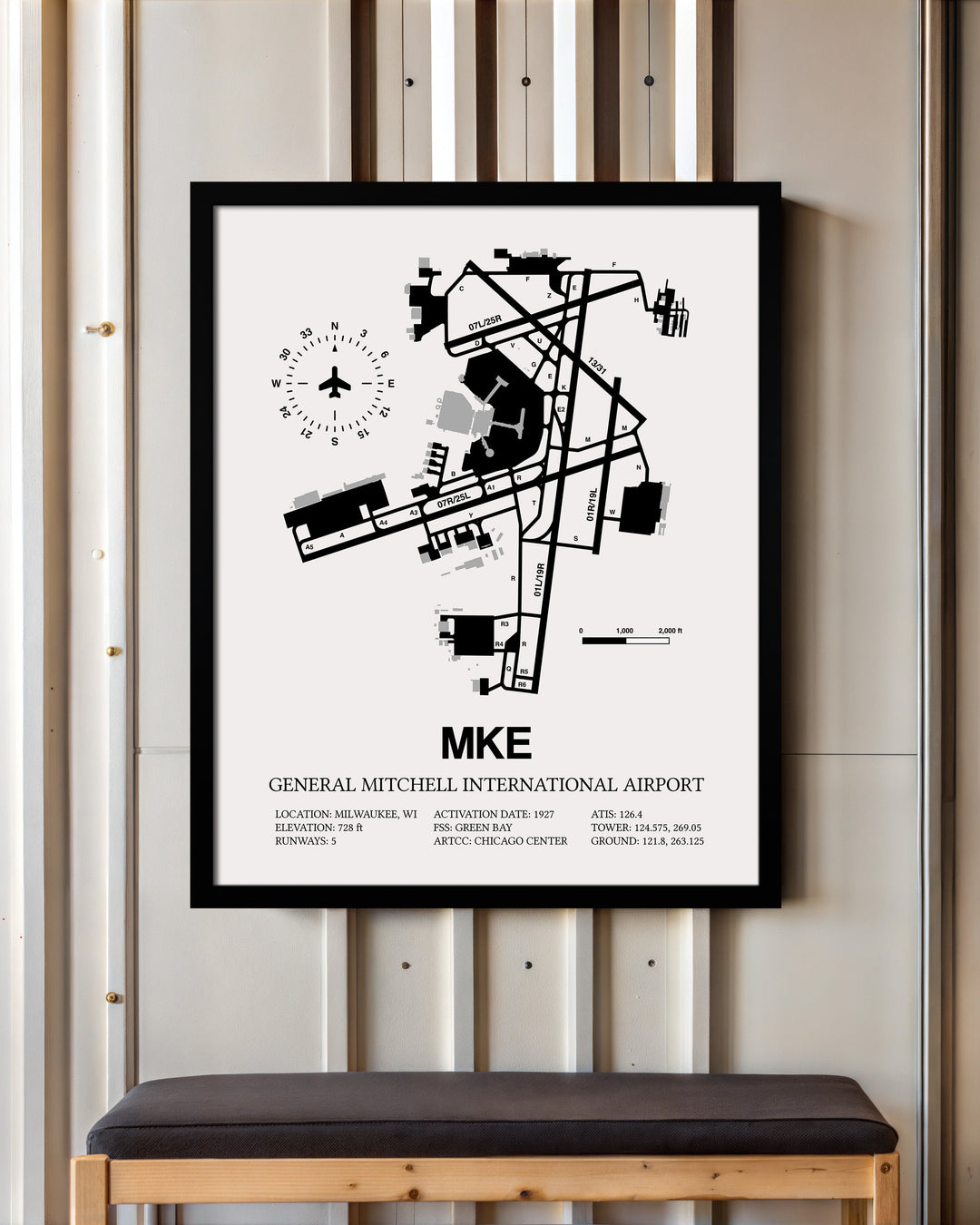 Framed Detailed Airport Map of General Mitchell International Airport (MKE) in White with a Black Frame