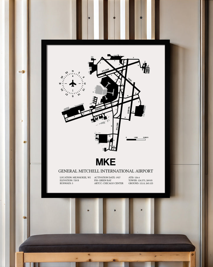 Framed Detailed Airport Map of General Mitchell International Airport (MKE) in White with a Black Frame