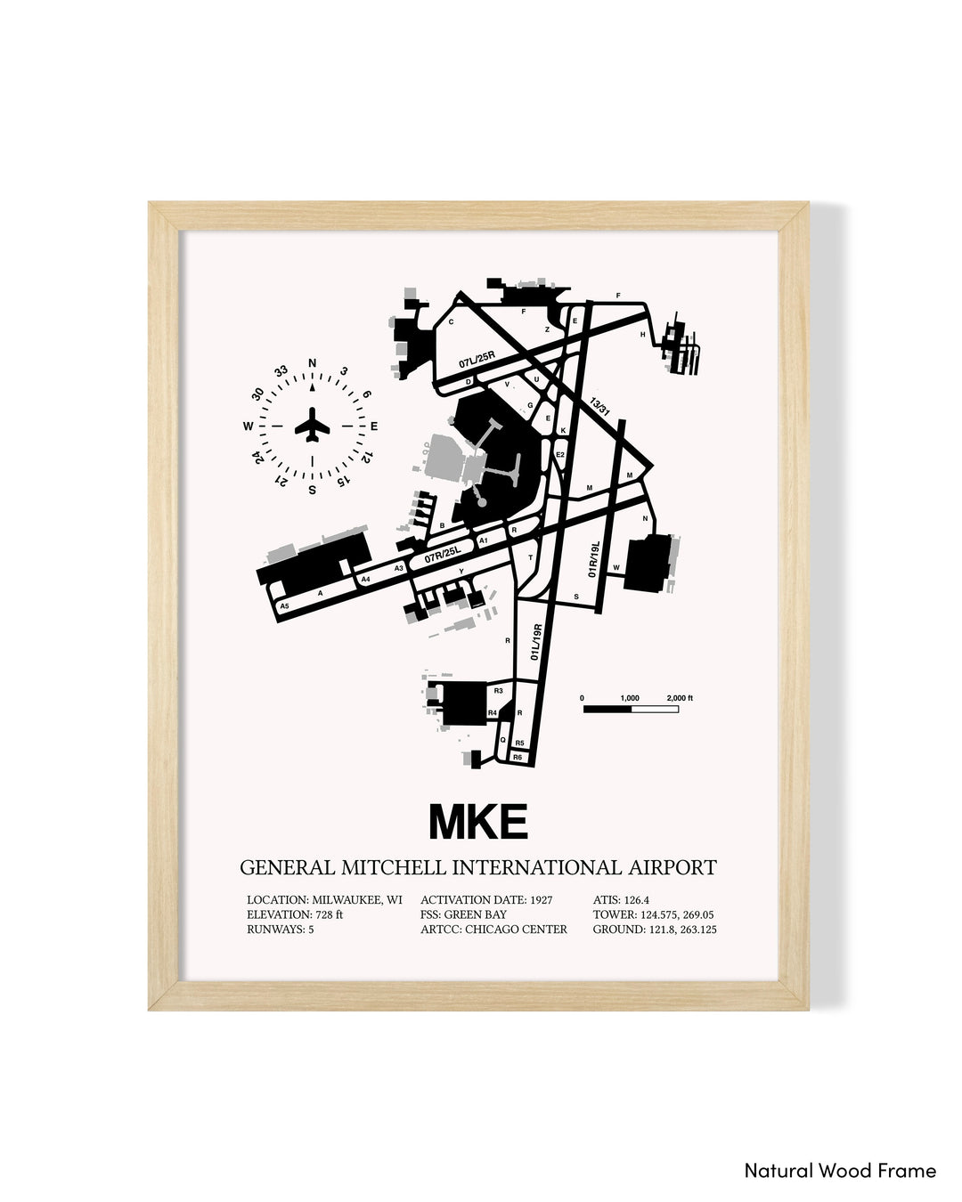Detailed Airport Map of General Mitchell International Airport (MKE) in White with a Natural Frame