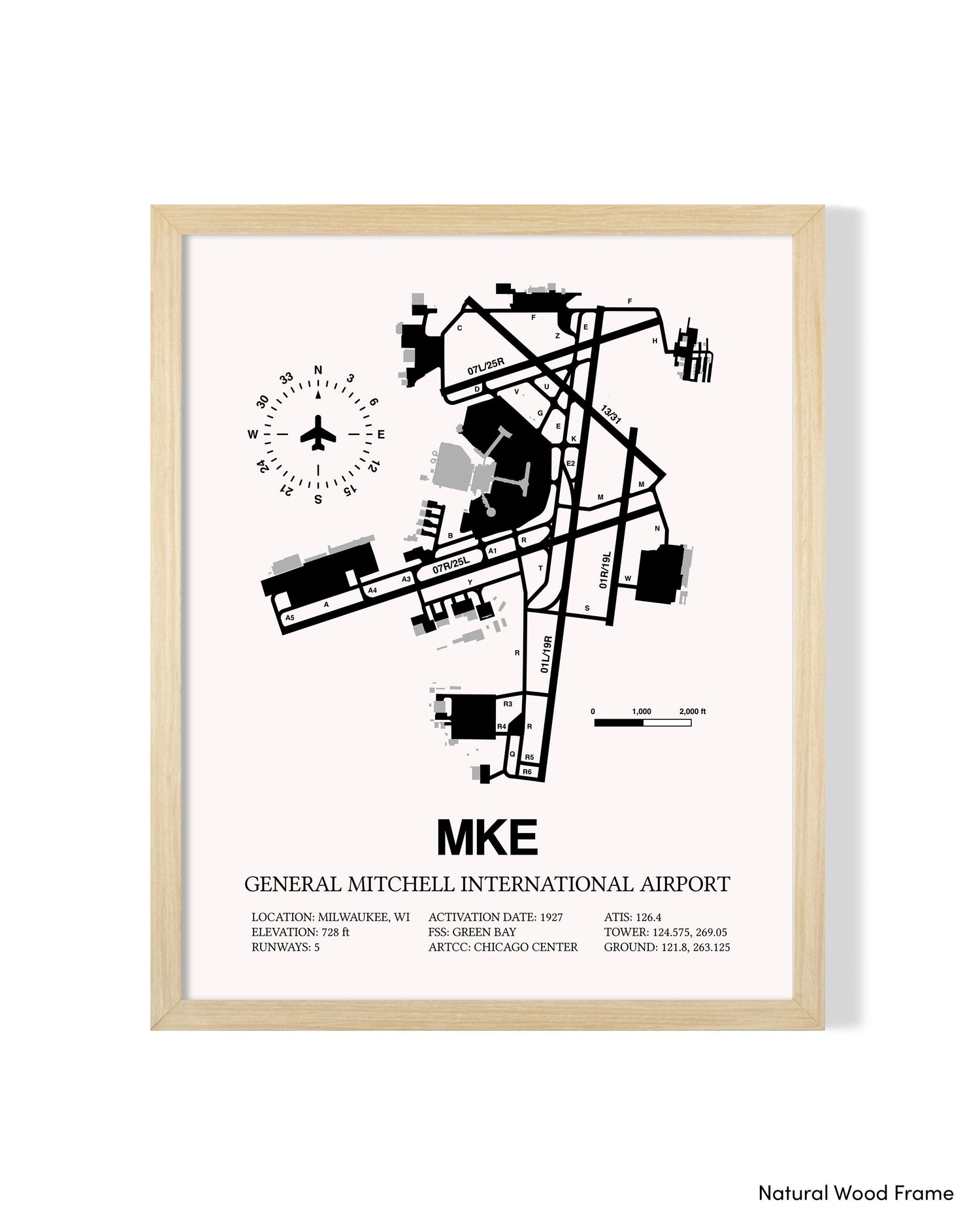 Detailed Airport Map of General Mitchell International Airport (MKE) in White with a Natural Frame
