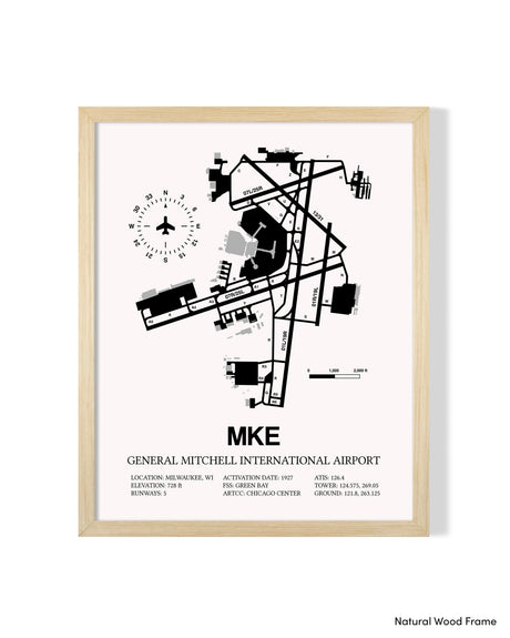 Detailed Airport Map of General Mitchell International Airport (MKE) in White with a Natural Frame