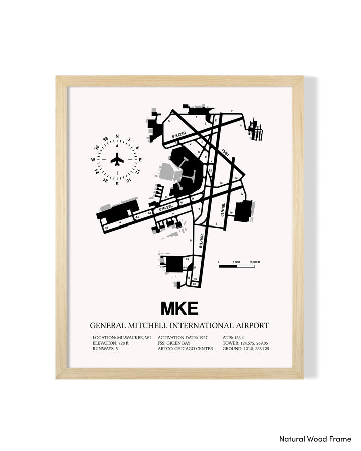 Detailed Airport Map of General Mitchell International Airport (MKE) in White with a Natural Frame