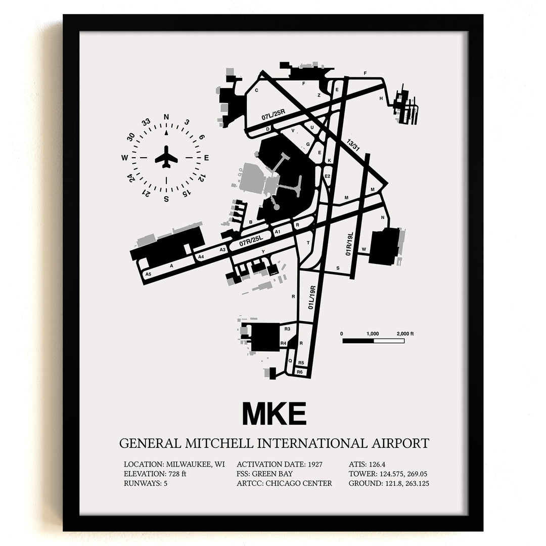 Framed Detailed Airport Map of General Mitchell International Airport (MKE) in White with a Black Frame