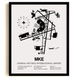 Framed Detailed Airport Map of General Mitchell International Airport (MKE) in White with a Black Frame