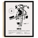 Framed Detailed Airport Map of General Mitchell International Airport (MKE) in White with a Black Frame