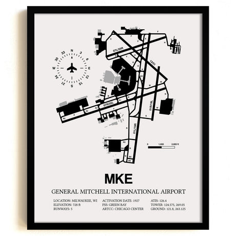 Framed Detailed Airport Map of General Mitchell International Airport (MKE) in White with a Black Frame