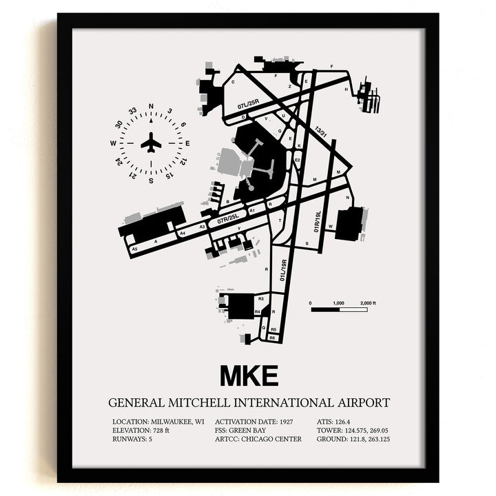 Framed Detailed Airport Map of General Mitchell International Airport (MKE) in White with a Black Frame