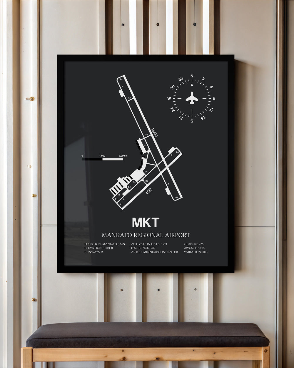 Framed Detailed Airport Map of Mankato Regional Airport (MKT) in Gray with a Black Frame