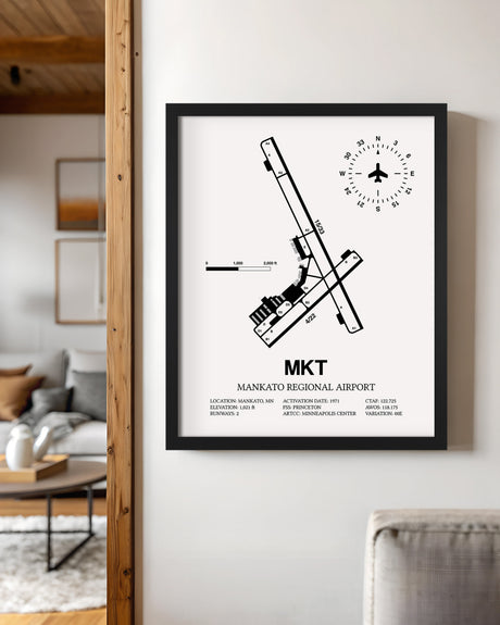 Framed Detailed Airport Map of Mankato Regional Airport (MKT) in White with a Black Frame