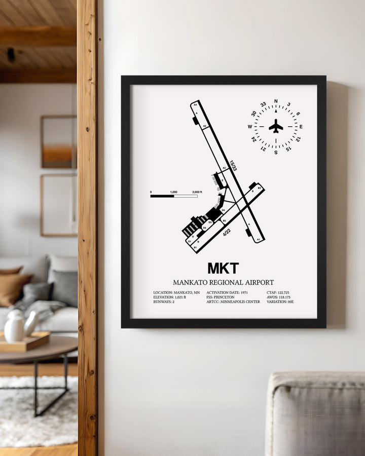 Framed Detailed Airport Map of Mankato Regional Airport (MKT) in White with a Black Frame