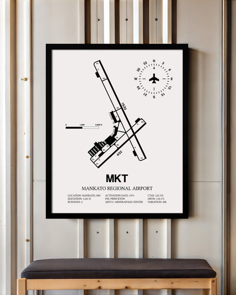 Framed Detailed Airport Map of Mankato Regional Airport (MKT) in White with a Black Frame