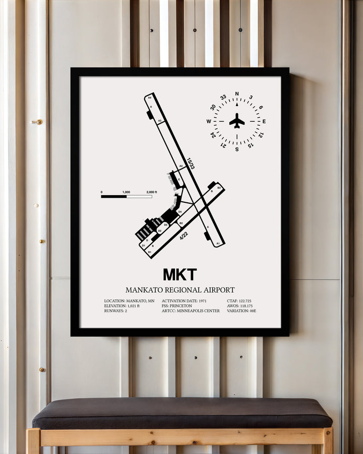 Framed Detailed Airport Map of Mankato Regional Airport (MKT) in White with a Black Frame