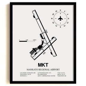 Framed Detailed Airport Map of Mankato Regional Airport (MKT) in White with a Black Frame