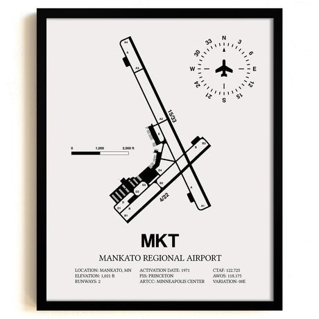 Framed Detailed Airport Map of Mankato Regional Airport (MKT) in White with a Black Frame