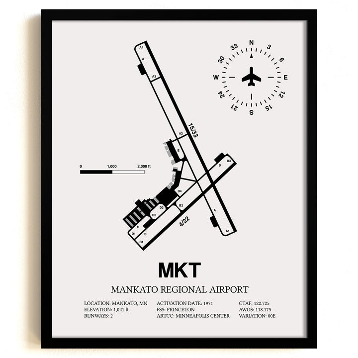 Framed Detailed Airport Map of Mankato Regional Airport (MKT) in White with a Black Frame