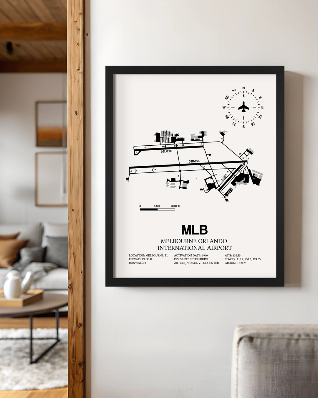 Framed Detailed Airport Map of Melbourne Orlando International Airport (MLB) in White with a Black Frame