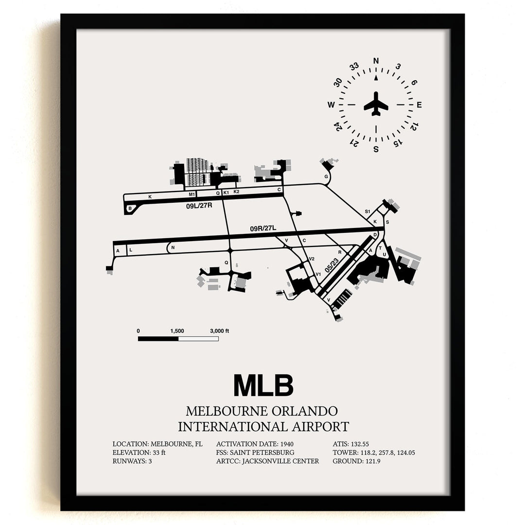 Framed Detailed Airport Map of Melbourne Orlando International Airport (MLB) in White with a Black Frame