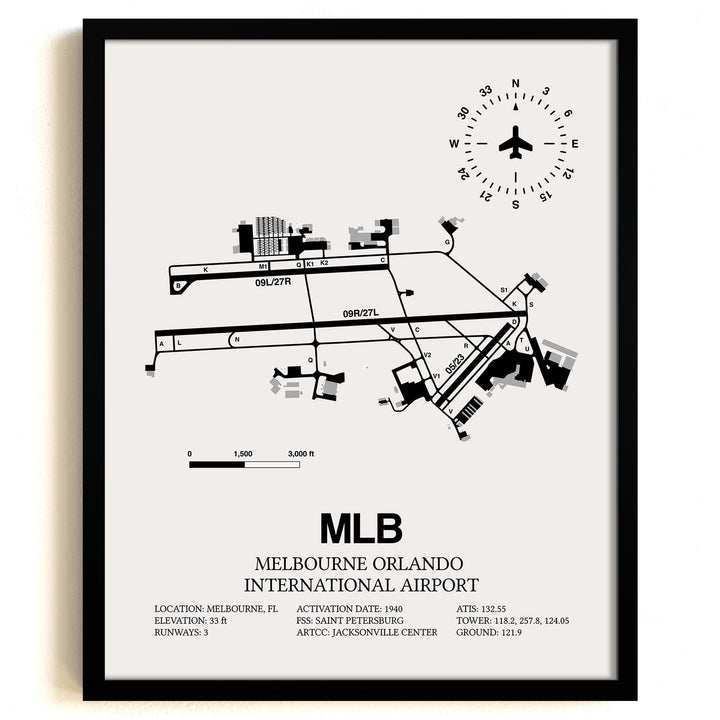 Framed Detailed Airport Map of Melbourne Orlando International Airport (MLB) in White with a Black Frame