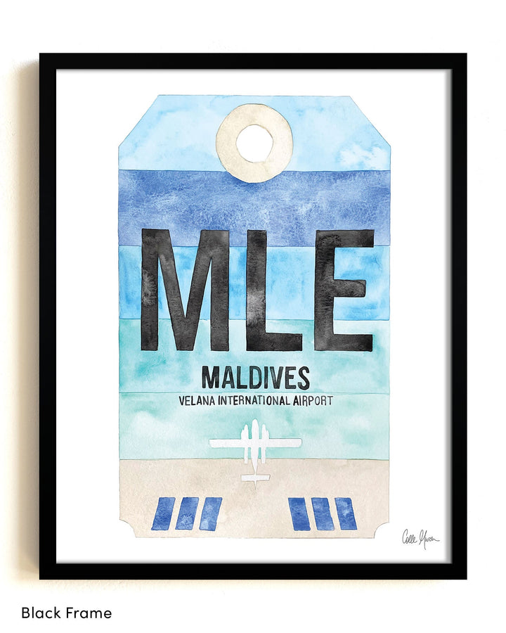 Framed Watercolor Print of Velana International Airport (MLE) with a Black Frame