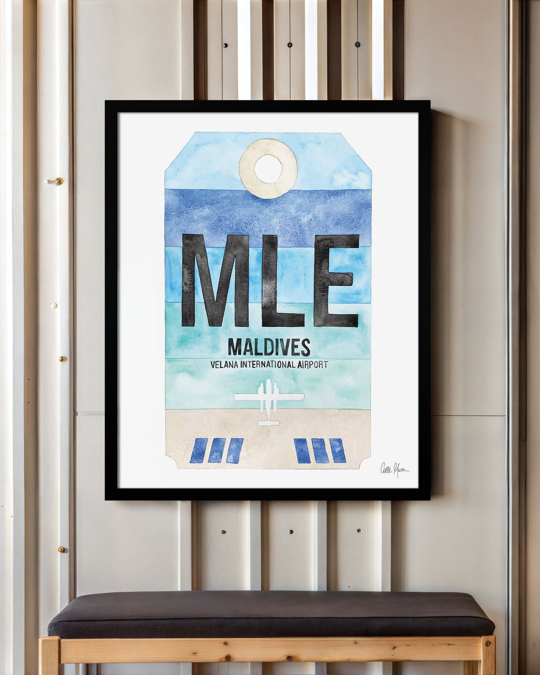 Framed Watercolor Print of Velana International Airport (MLE) with a Black Frame