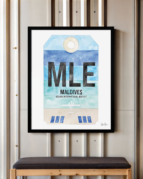 Framed Watercolor Print of Velana International Airport (MLE) with a Black Frame