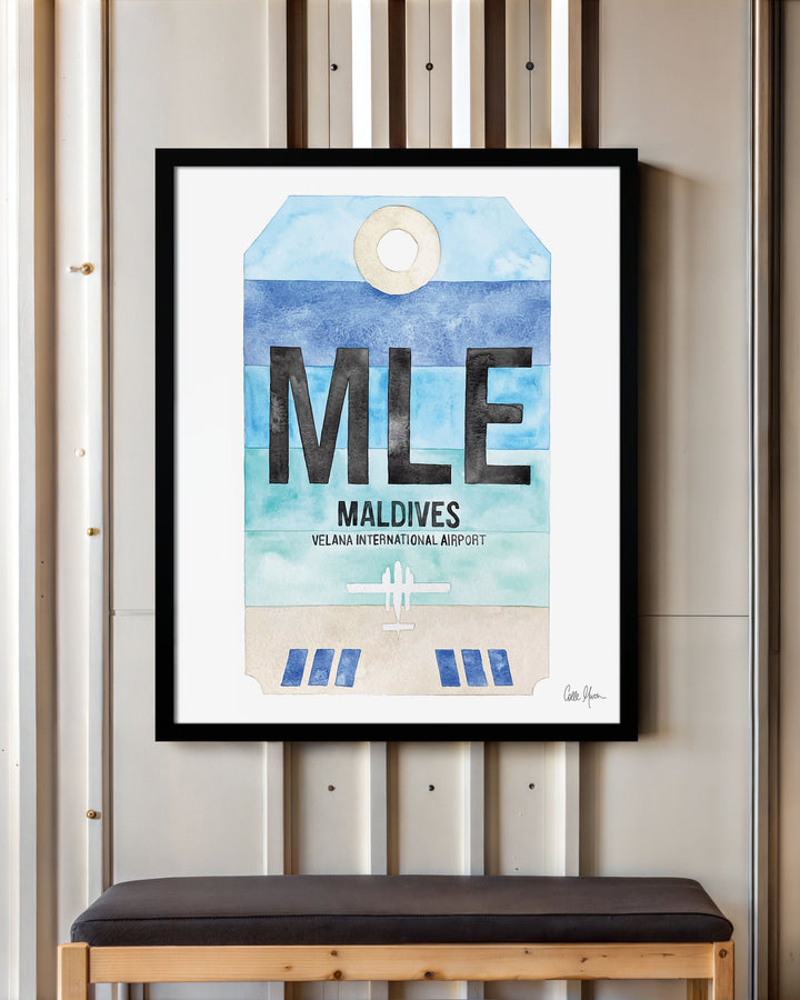 Framed Watercolor Print of Velana International Airport (MLE) with a Black Frame