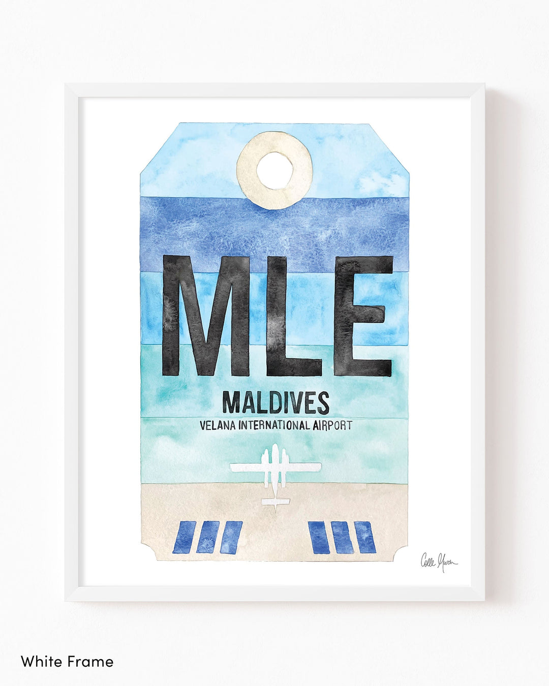 Framed Watercolor Print of Velana International Airport (MLE) with a White Frame