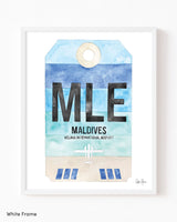 Framed Watercolor Print of Velana International Airport (MLE) with a White Frame