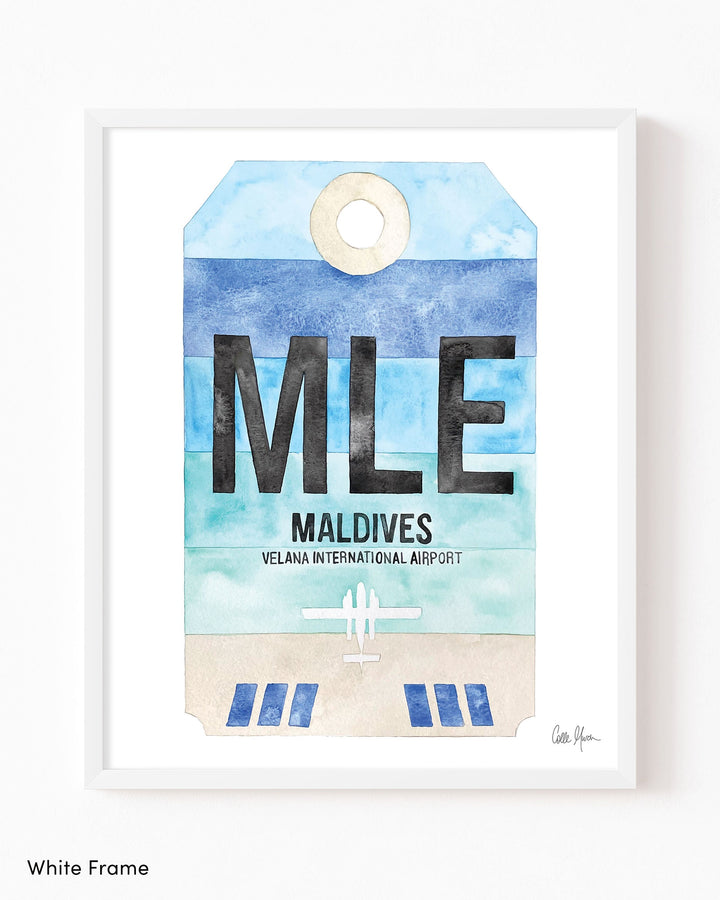 Framed Watercolor Print of Velana International Airport (MLE) with a White Frame