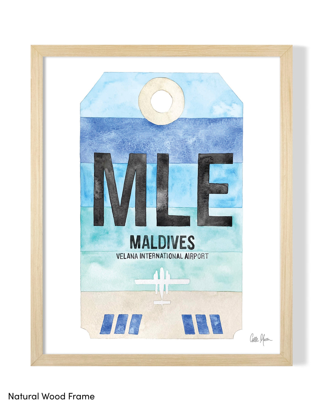 Framed Watercolor Print of Velana International Airport (MLE) with a Natural Wood Frame