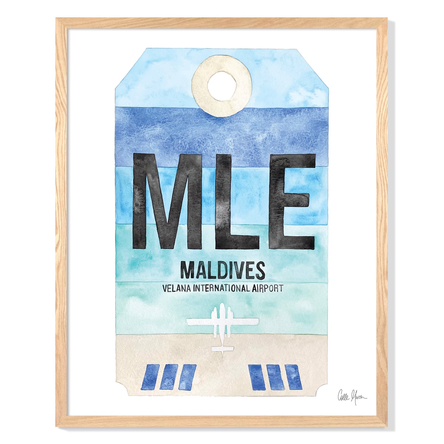 Framed Watercolor Print of Velana International Airport (MLE) with an Oak Frame
