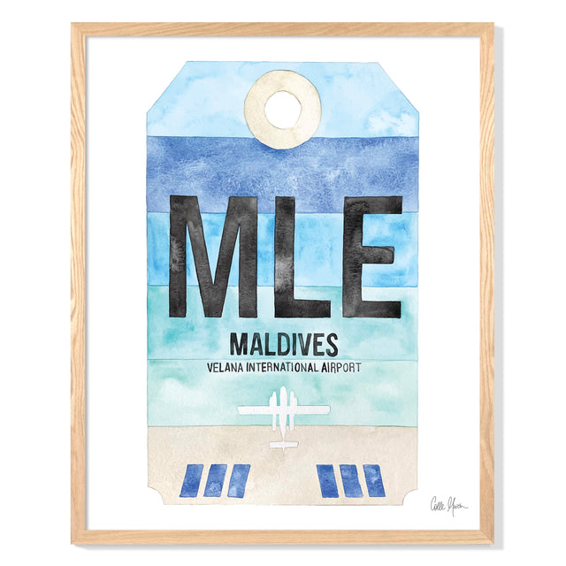 Framed Watercolor Print of Velana International Airport (MLE) with an Oak Frame