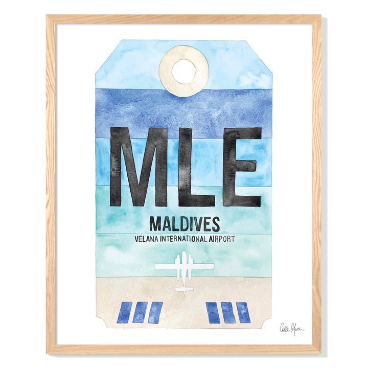 Framed Watercolor Print of Velana International Airport (MLE) with an Oak Frame