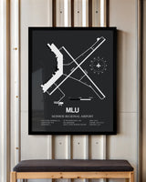 Framed Detailed Airport Map of Monroe Regional Airport (MLU) in Gray with a Black Frame