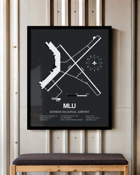 Framed Detailed Airport Map of Monroe Regional Airport (MLU) in Gray with a Black Frame