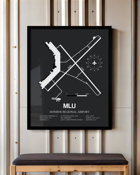 Framed Detailed Airport Map of Monroe Regional Airport (MLU) in Gray with a Black Frame