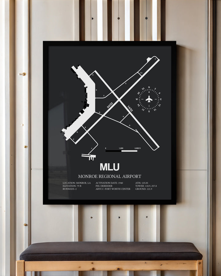 Framed Detailed Airport Map of Monroe Regional Airport (MLU) in Gray with a Black Frame
