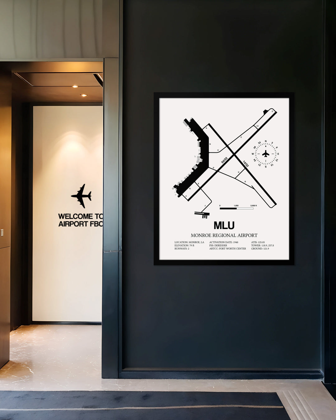 Framed Detailed Airport Map of Monroe Regional Airport (MLU) in White with a Black Frame